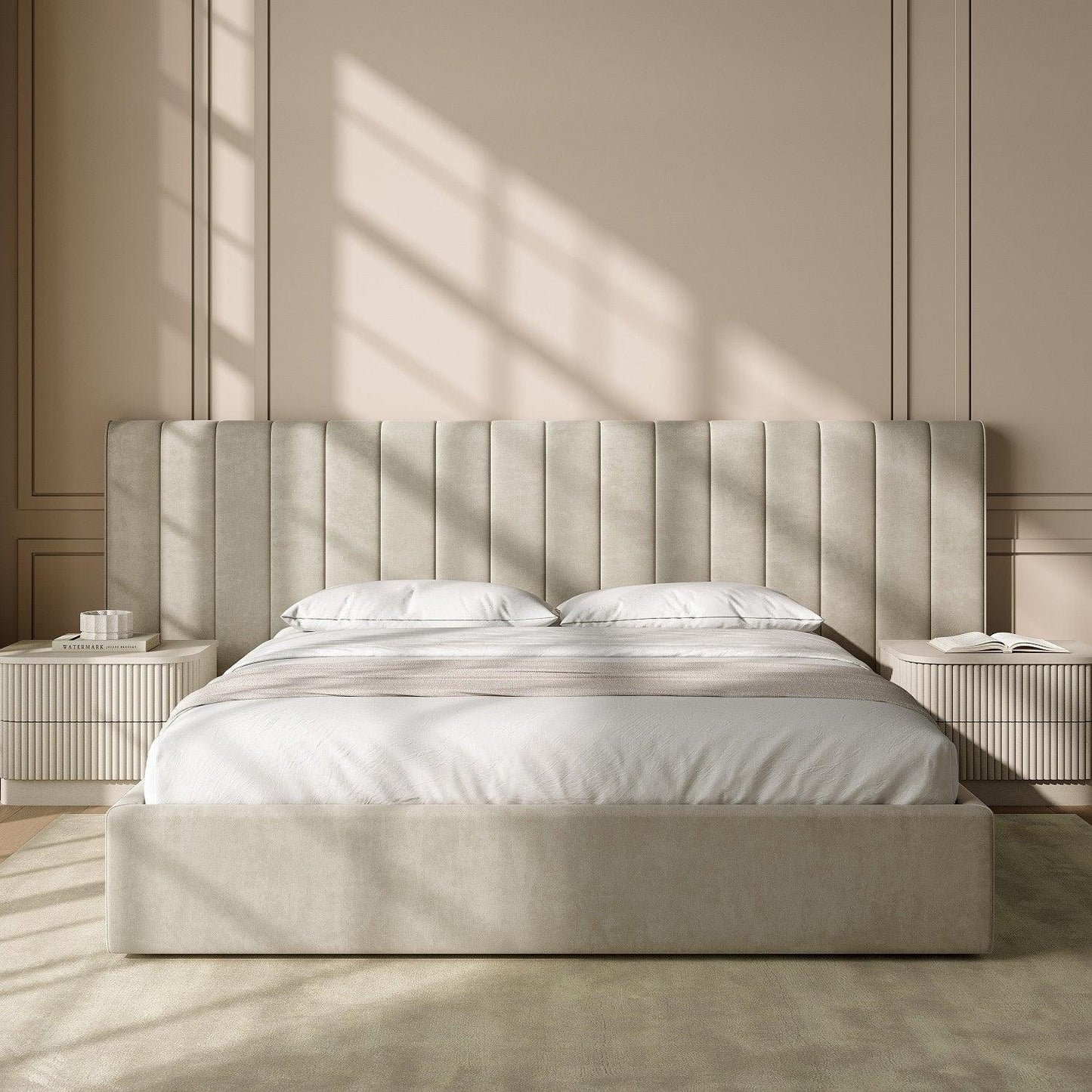 Letto matrimoniale Rune in velluto beige